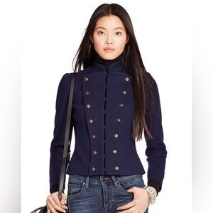 Ralph Lauren Military Jacket Navy Short Fitted Wool Blazer Button Stand Collar M
